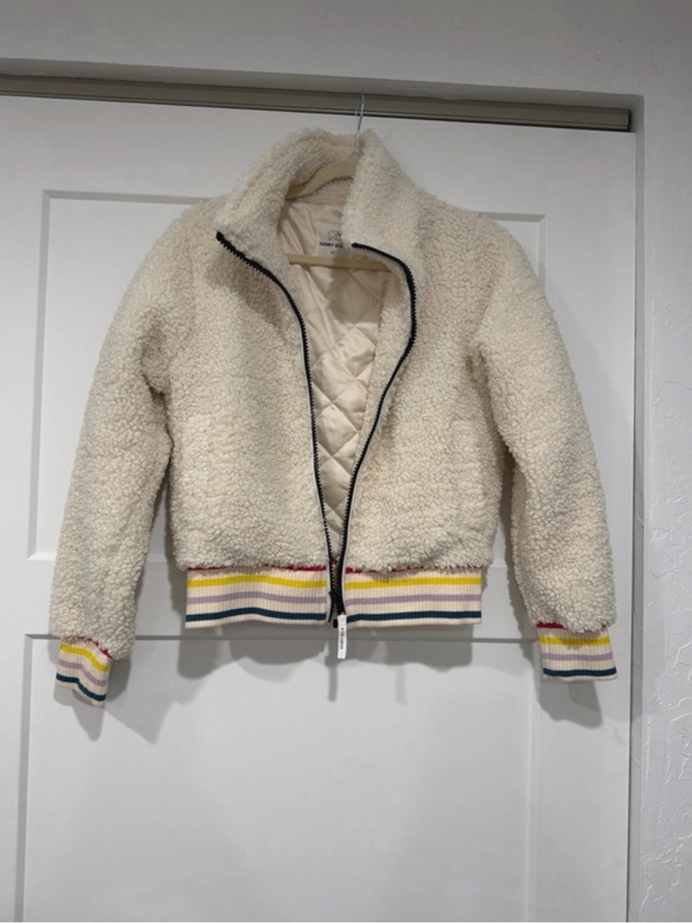 ivory ella Cream Sherpa Bomber Jacket with Striped Trim